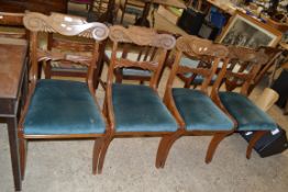 SET OF FOUR VICTORIAN MAHOGANY BAR BACK DINING CHAIRS WITH PUSH OUT SEATS AND SABRE LEGS