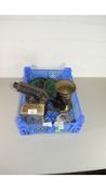 BOX OF MIXED WARES TO INCLUDE VINTAGE BLOW TORCH, QUARTZ MANTEL CLOCK