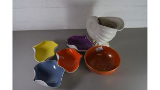 LARGE BESWICK SHELL FORMED VASE, A CARLTON WARE ORANGE LUSTRE FINISH BOWL AND A SET OF FOUR MID-