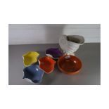 LARGE BESWICK SHELL FORMED VASE, A CARLTON WARE ORANGE LUSTRE FINISH BOWL AND A SET OF FOUR MID-