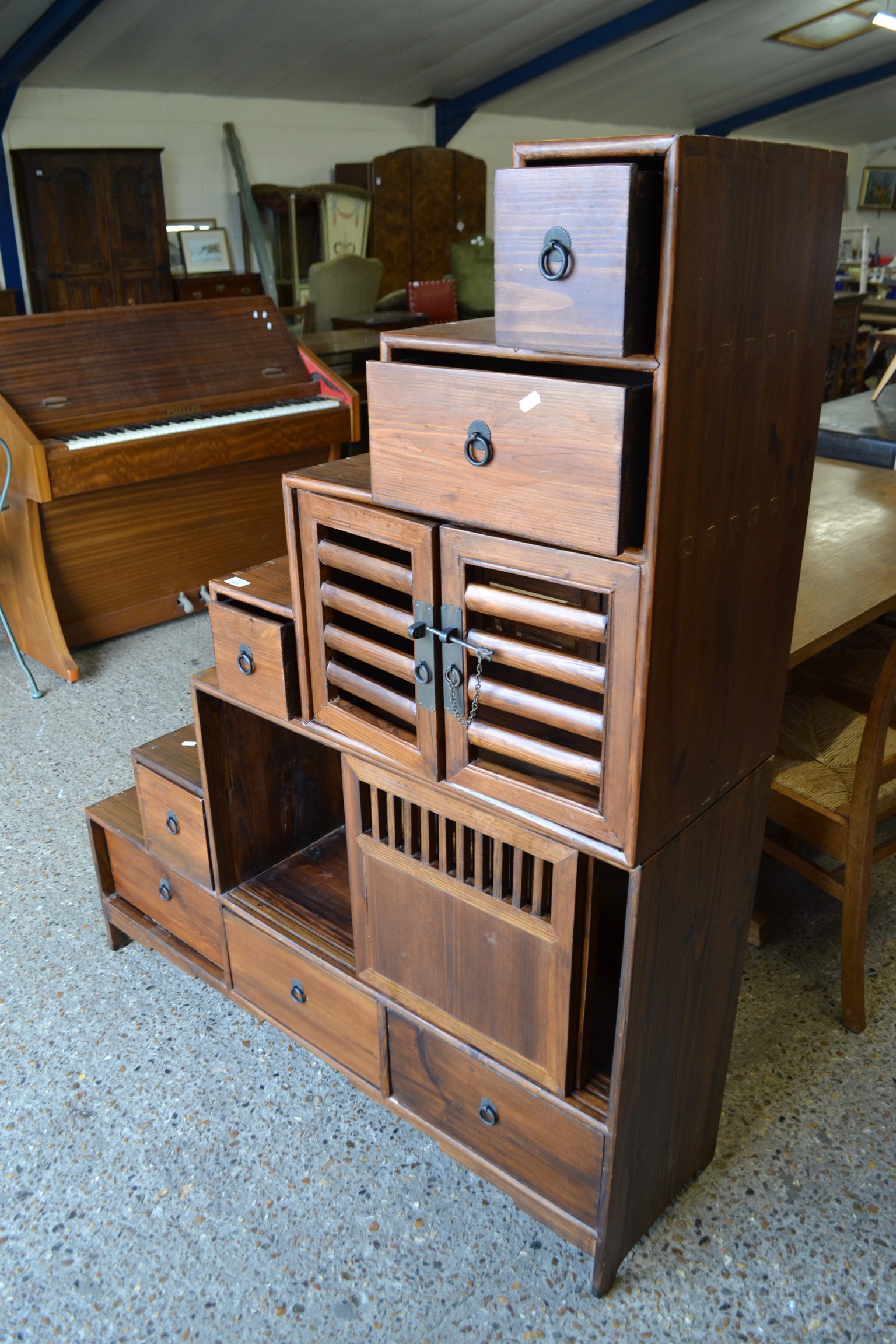 UNUSUAL FAR EASTERN STAINED PINE STORAGE CABINET OF STEPPED FORM WITH SEVEN DRAWERS AND FOUR SLATTED - Image 2 of 2