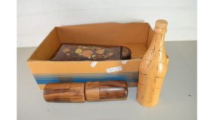 MIXED LOT OF WOODEN WARES TO INCLUDE SALT AND PEPPER GRINDERS, GAVELS, BOWL, INLAID PANEL ETC