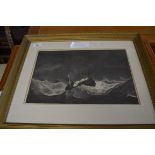 MONOCHROME PRINT - SHIP ON A ROUGH SEA, GILT FRAMED AND GLAZED, 58CM WIDE