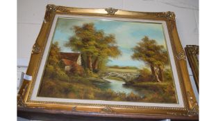 LARGE 20TH CENTURY STUDY OF WATERMILL IN RURAL SETTING, OIL ON CANVAS, IN DARK STAINED WOODEN FRAME,