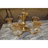 20TH CENTURY FIVE LIGHT CENTRE CEILING LIGHT FITTING WITH GILT METAL FRAME AND FRILLED GLASS SHADES