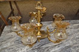 20TH CENTURY FIVE LIGHT CENTRE CEILING LIGHT FITTING WITH GILT METAL FRAME AND FRILLED GLASS SHADES