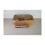 BOX CONTAINING CHISELS, SPOKE SHAVE ETC