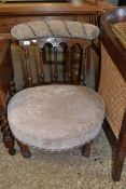 19TH CENTURY CIRCULAR SEATED NURSING CHAIR WITH SPINDLE TURNED BACK, UPHOLSTERED IN FLORAL FABRIC