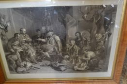 AFTER FREDERICK TAYLER, LARGE MONOCHROME ENGRAVING, FIGURES IN A GAME LARDER, SET IN A MAPLE