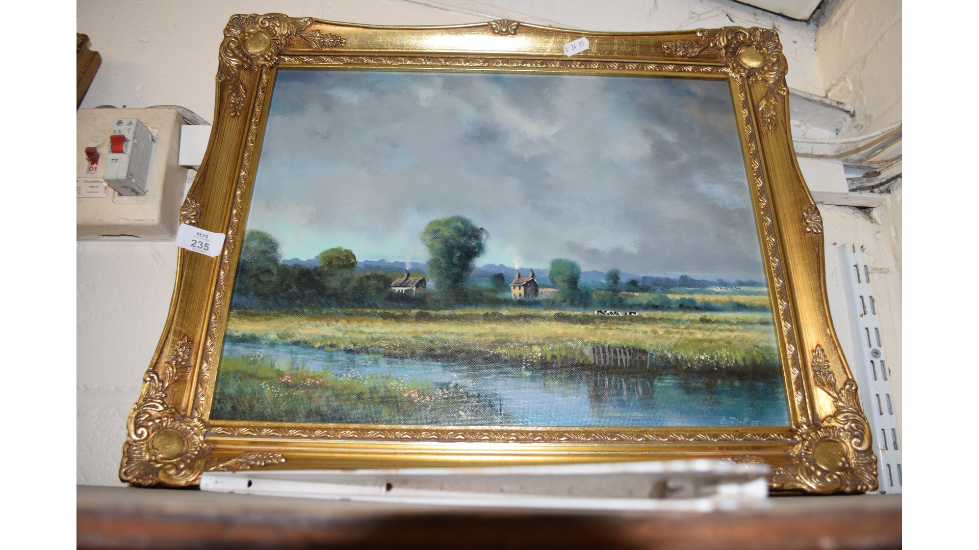 PICTURE - OIL ON BOARD, RURAL SCENE WITH CATTLE IN GILT MOULDED FRAME