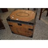 VINTAGE METAL BOUND AND STUDDED TRAVEL TRUNK OF HINGED RECTANGULAR FORM, BEARING TRADE LABEL TO