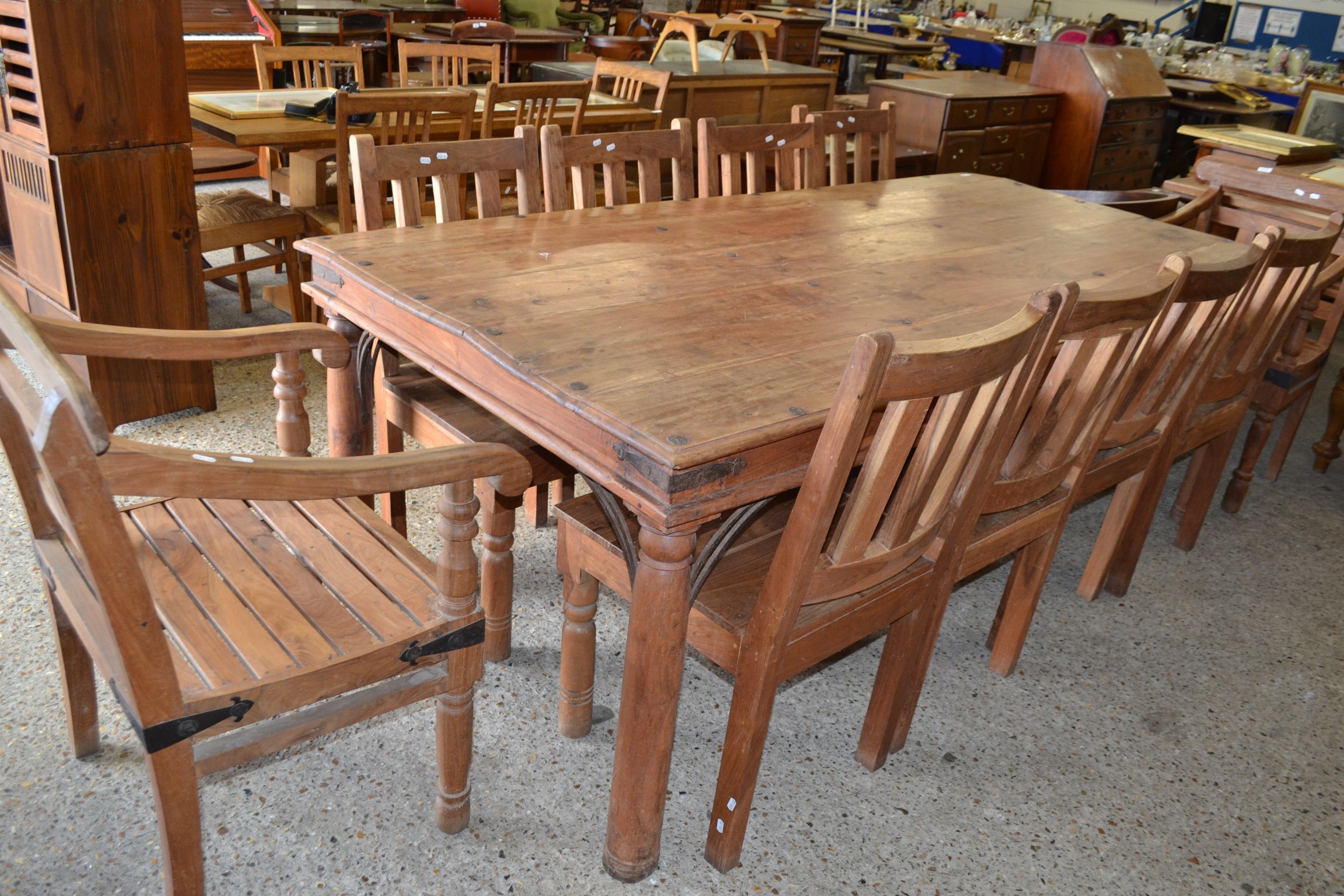 LARGE SHEESHAM HARDWOOD RECTANGULAR DINING TABLE AND TEN ACCOMPANYING CHAIRS, TABLE APPROX 220CM - Image 2 of 2