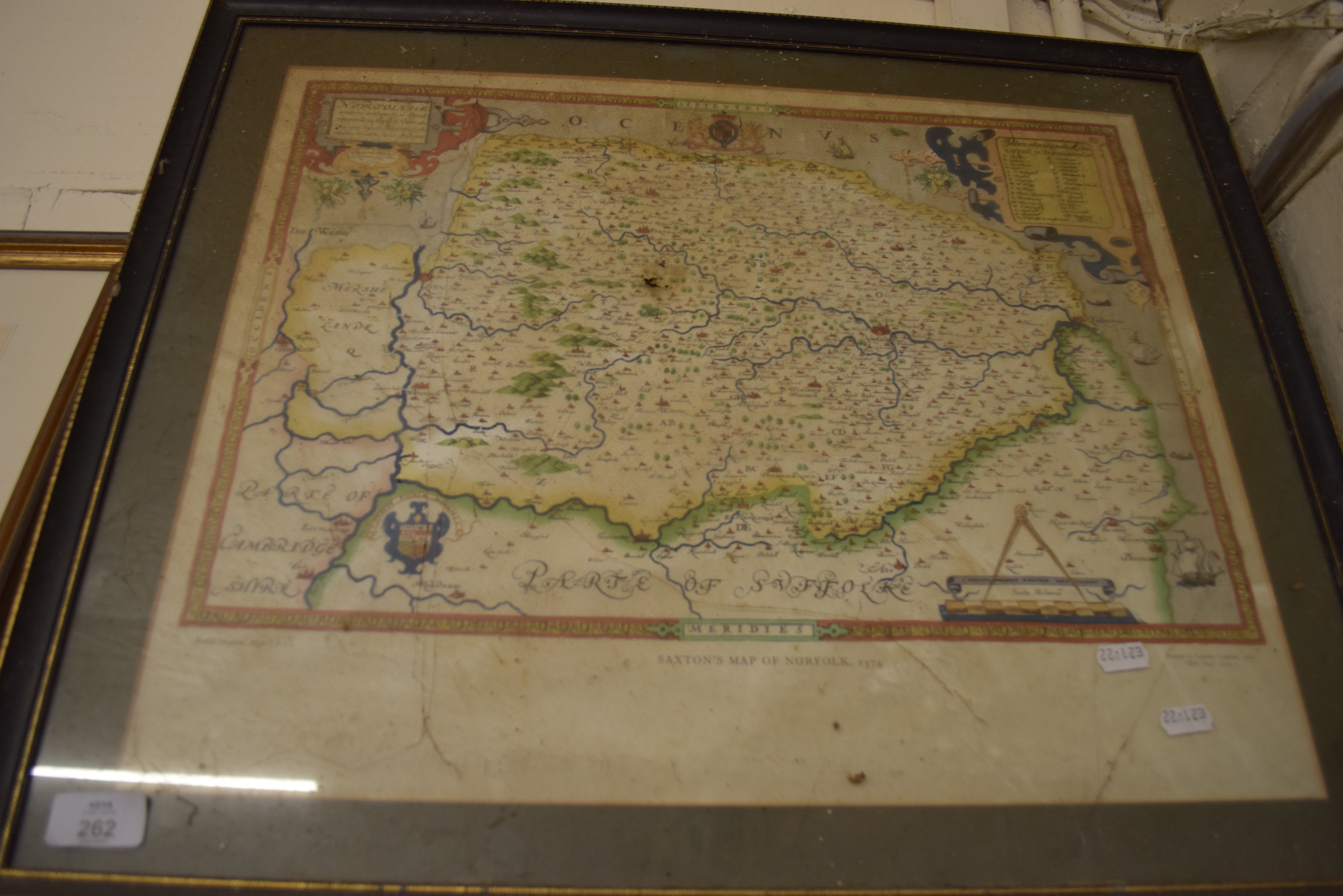 REPRODUCTION COLOURED MAP OF NORFOLK AFTER THAXTON, 1574, FRAMED AND GLAZED, 63CM WIDE