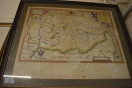 REPRODUCTION COLOURED MAP OF NORFOLK AFTER THAXTON, 1574, FRAMED AND GLAZED, 63CM WIDE