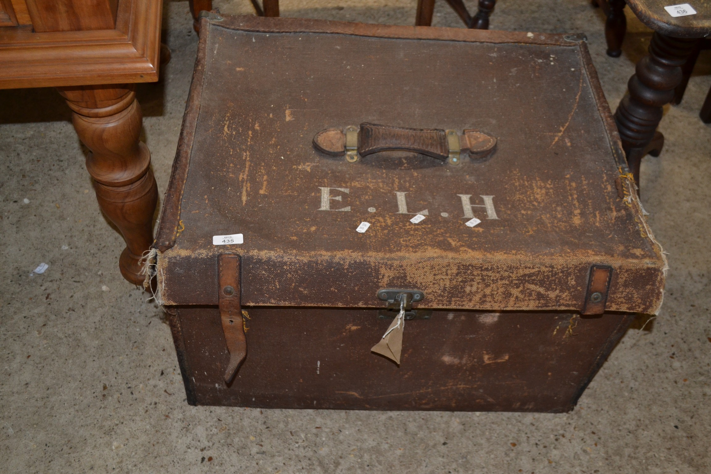 VINTAGE CANVAS COVERED TRAVEL TRUNK, THE TOP INITIALLED ELH, (A/F), 67CM WIDE