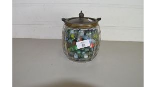 GLASS BISCUIT BARREL CONTAINING MARBLES