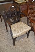 19TH CENTURY MAHOGANY FRAMED HEPPLEWHITE TYPE SHIELD BACK ARMCHAIR, DECORATED WITH FLEUR DE LYS