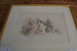 STUDY OF CLASSICALLY DRESSED FIGURES IN A GARDEN SETTING WITH A PIERROT, FRAMED AND GLAZED