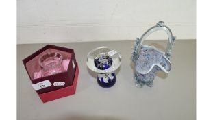 GLASS MUSHROOM FORMED PAPERWEIGHT, SMALL MURANO GLASS BASKET AND A TUDOR CRYSTAL GLASS VASE (3)