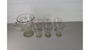 ART DECO STYLE CLEAR AND FROSTED GLASS JUG AND SIX GLASSES