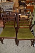 SET OF FOUR 19TH CENTURY MAHOGANY FRAMED BAR BACK DINING CHAIRS WITH GREEN PUSH OUT SEATS