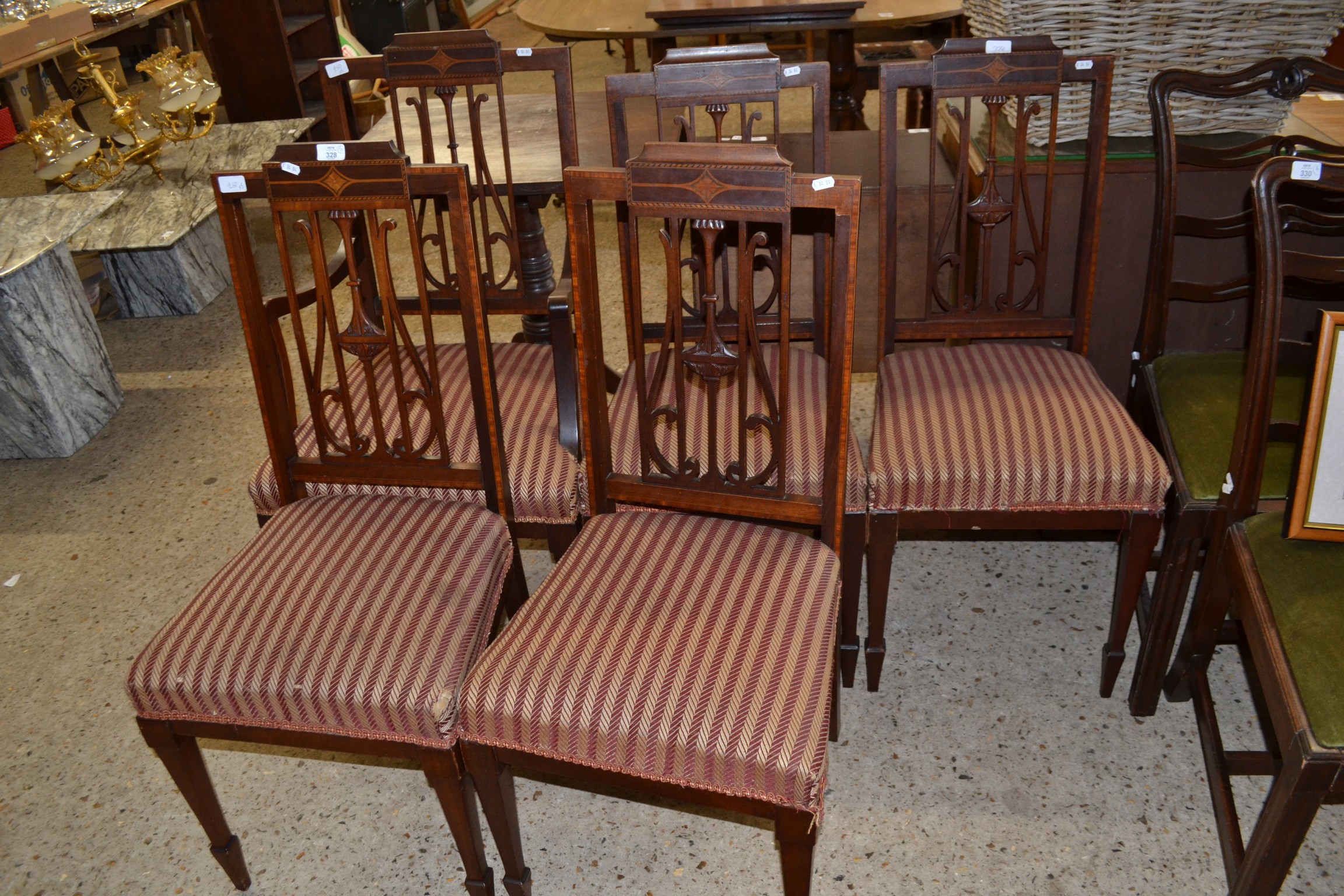 SET OF FIVE EDWARDIAN MAHOGANY DINING CHAIRS WITH STRIPED UPHOLSTERED SEATS