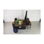 BOX OF MIXED GLASS VASES, URANIUM GLASS PRESERVE POT ETC