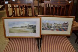 TWO COLOURED PRINTS - NORWICH MARKET PLACE AND CROMER, FRAMED AND GLAZED, 51CM WIDE