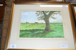 CYRIL NUNN, STUDY OF PASTURE SCENE WITH CATTLE, FRAMED AND GLAZED, 45CM WIDE