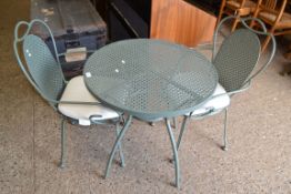 MODERN METAL CIRCULAR GARDEN TABLE AND TWO CHAIRS (3)