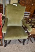 LARGE 19TH CENTURY GREEN UPHOLSTERED ARMCHAIR ON TURNED HARDWOOD FRAME WITH X-FORMED STRETCHER,