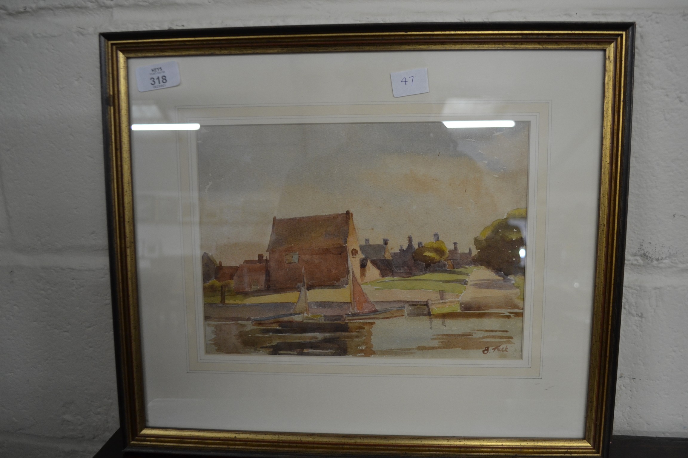 B TUCK, STUDY OF RIVERSIDE SCENE WITH BOATS, WATERCOLOUR, FRAMED AND GLAZED, 44CM WIDE