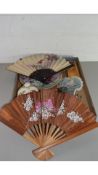 BOX CONTAINING MODERN FANS, DECORATED PLATES, PORCELAIN MODEL ROSES ETC
