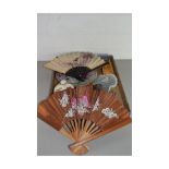 BOX CONTAINING MODERN FANS, DECORATED PLATES, PORCELAIN MODEL ROSES ETC