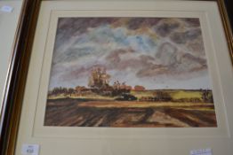 CYRIL NUNN, STUDY OF A FARMLAND SCENE, FRAMED AND GLAZED, 54CM WIDE