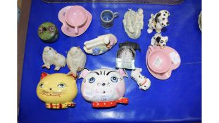 MIXED LOT OF MODEL ANIMALS, MINIATURE TEA CUPS AND SAUCERS, SMALL CLOISONNE COVERED POT ETC