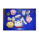 MIXED LOT OF MODEL ANIMALS, MINIATURE TEA CUPS AND SAUCERS, SMALL CLOISONNE COVERED POT ETC