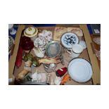 BOX OF VARIOUS MIXED WARES TO INCLUDE TRINKET BOXES, BLUE AND WHITE KETTLE STAND, ORNAMENTS, GLASS