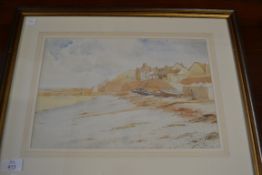 M E GALSWORTHY, STUDY OF BOATS AT SEA FRONT, WATERCOLOUR, FRAMED AND GLAZED, 53CM WIDE