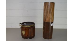 OAK BISCUIT BARREL AND A WOODEN VASE