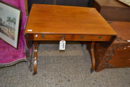 MAHOGANY DROP LEAF SOFA TABLE WITH TWO FRIEZE DRAWERS RAISED ON SWEPT LEGS WITH BRASS CASTERS