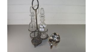 MIXED LOT OF SILVER PLATED WARES TO INCLUDE DECANTER STAND, VASES, GRAVY BOAT ETC