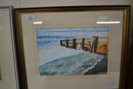 CYRIL NUNN, STUDY OF SEA DEFENCES, WATERCOLOUR, FRAMED AND GLAZED, 45CM WIDE