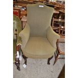 19TH CENTURY DRAWING ROOM CHAIR, GREEN UPHOLSTERY AND SHORT CABRIOLE LEGS WITH SHELL CARVED KNEES,