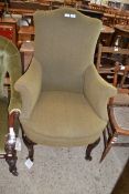 19TH CENTURY DRAWING ROOM CHAIR, GREEN UPHOLSTERY AND SHORT CABRIOLE LEGS WITH SHELL CARVED KNEES,