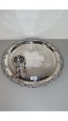 CIRCULAR SILVER PLATED SERVING TRAY AND A SMALL SILVER PLATED ROSE BOWL