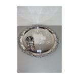 CIRCULAR SILVER PLATED SERVING TRAY AND A SMALL SILVER PLATED ROSE BOWL