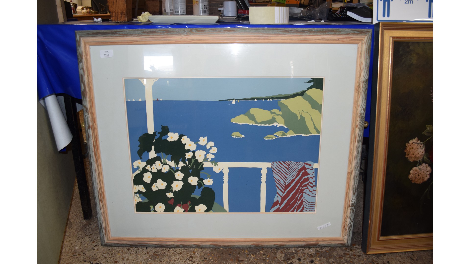 CONTEMPORARY SCHOOL - COLOURED PRINT, BALCONY OVERLOOKING A BAY WITH YACHTS, FRAMED AND GLAZED, 85CM