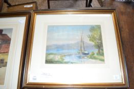 B BAILEY, STUDY OF LAKE SCENE WITH MOORED BOAT, WATERCOLOUR, FRAMED AND GLAZED, 39CM WIDE