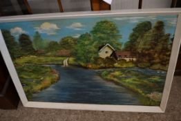 20TH CENTURY SCHOOL, STUDY OF RIVERSIDE SCENE WITH CATTLE, BOAT AND SWANS, INDISTINCTLY SIGNED,